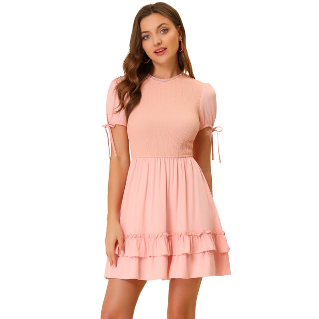 INSPIRE CHIC Robe Courte d'Été Trapèze Douce Texturée à Volants pour Femme Rose m