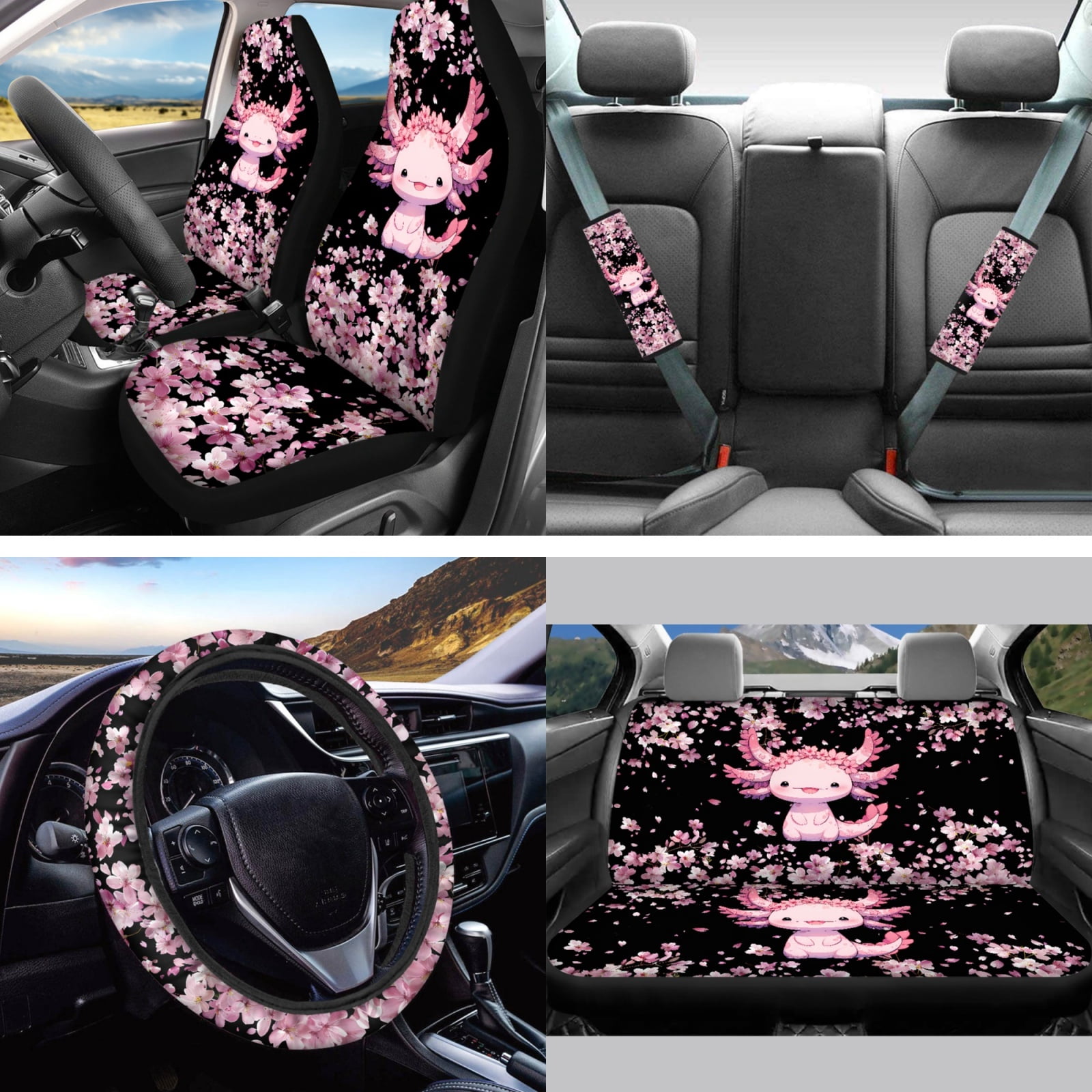 Jeiento Axolotl 13 Pcs Interior Automotive Accessory Set with Car Seat Covers Steering Wheel Cover Car Seatbelt Cover Pink Cherry Blossom Trash Can Car Rear View Mirror Cover Coasters Keychains