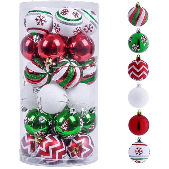 Valery Madelyn 30ct 2.36 inches Christmas Ornaments Red Green White Hanging Ball Ornaments Shatterproof Christmas Tree Ornaments for Xmas Party Decor
