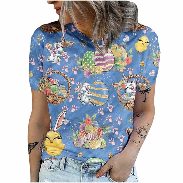Camisetas de cuello redondo para mujer, camisetas con estampado de conejo de Pascua, camisetas de manga corta, blusas Fridja bn1743