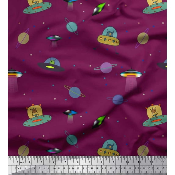 Soimoi Rayon Fabric Planet,Animal & Spaceship Cartoon Print Fabric by The Yard 42 Inch Wide