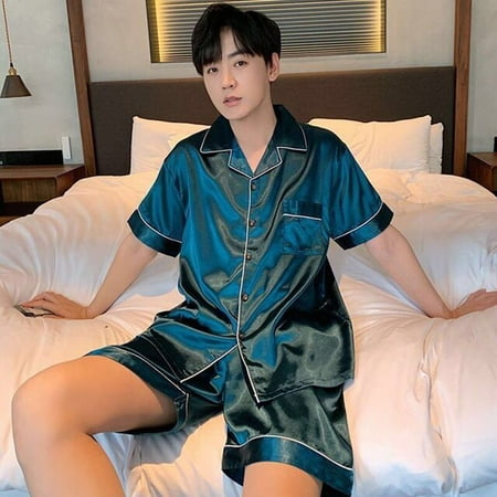 

QWZNDZGR Summer Sleepwear Couple Silk Satin Pajama Sets Short Button-Down Pijama Shorts Home Clothes Suit Pyjamas Women Men Loungewear