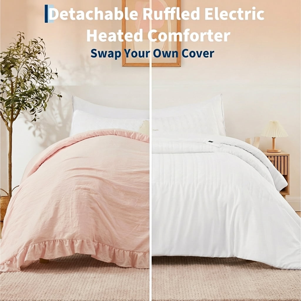 GARVEE Electric Blanket Queen Size,Heated Comforter Blanket,Ruffle Electric Quilt with Wireless LCD Controller,6 Heat Levels&1-10H Timer,ETL Certified,Pink