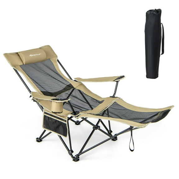 YYAo Portable Folding Chair, Folding Camp and Beach Chair, Camping Lounge Chair with Detachable Footrest Adjustable Backrest-Khaki