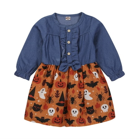

Bowanadacles Baby Girl s Patchwork Dress Long Sleeve Denim Top and Cartoon Print Patchwork Skirt