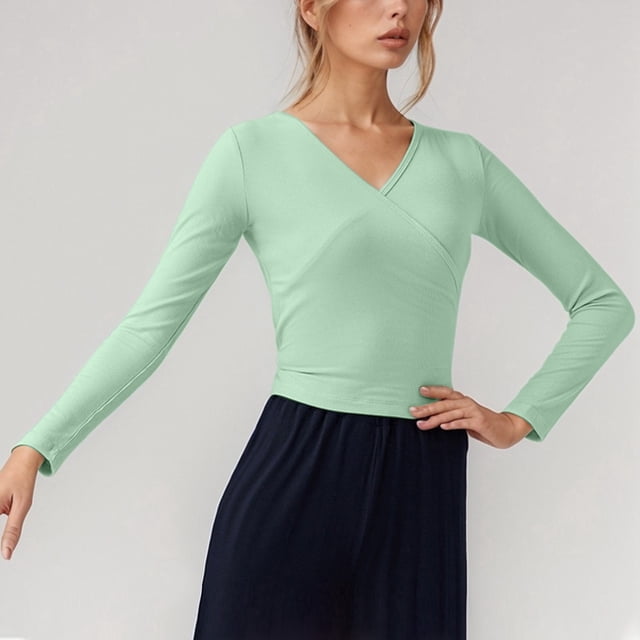 MHFRRA Camisetas de Mujer para Uso Diario, Cuello En V, Manga Larga con Diseño de Lazo, Estilo Casual y Cómodo para Todas Las Estaciones, para Bailar y Actividades de Ocio. Verde Claro