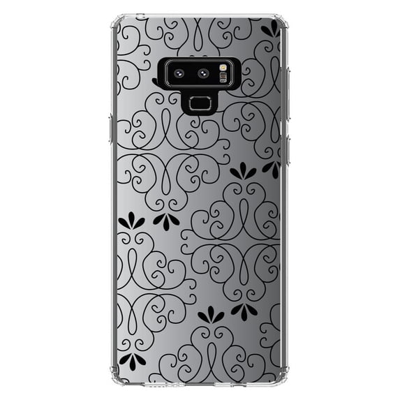 DistinctInk Clear Shockproof Hybrid Case for Samsung Galaxy Note 9 - TPU Bumper, Acrylic Back, Tempered Glass Screen Protector - Black White Fade Black Floral Pattern