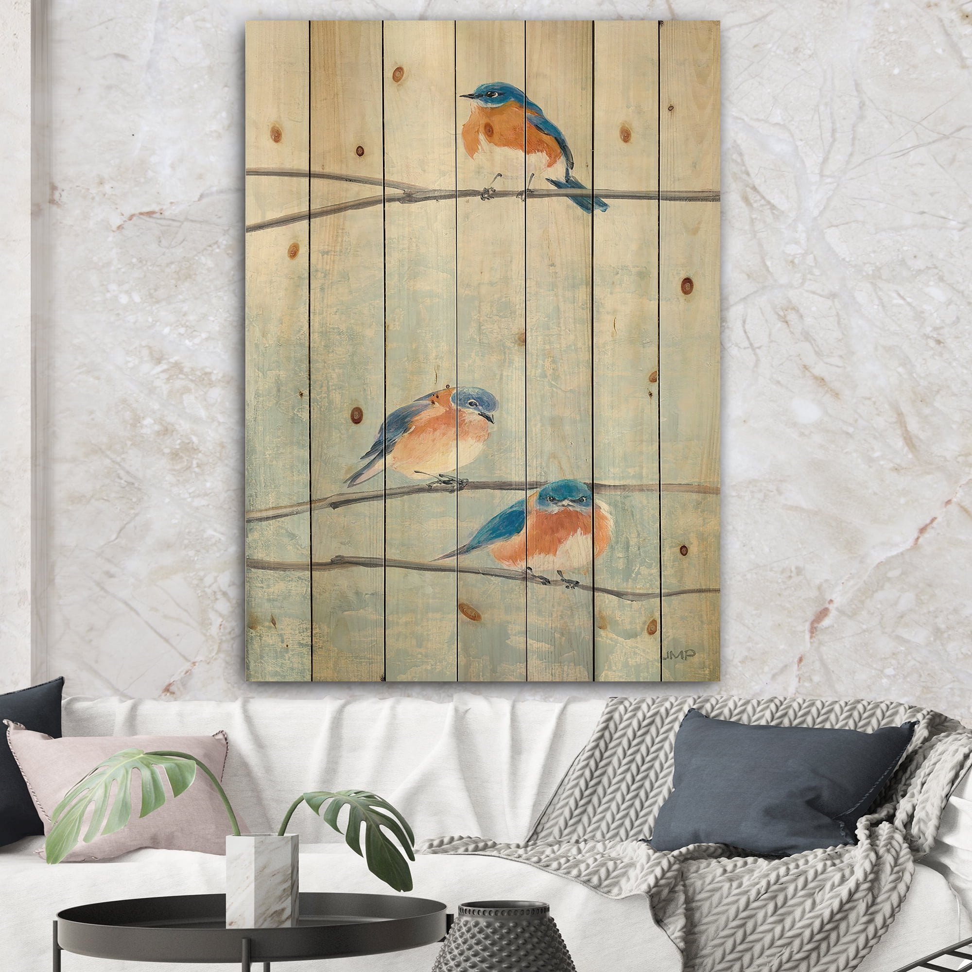 Designart 'Bird Hanging on Tree II' Modern Farmhouse Print on Natural Pine Wood