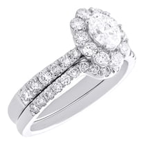 14K White Gold Lab Created Oval Diamond Flower Halo Contoured Bridal Set 1.25 CT
