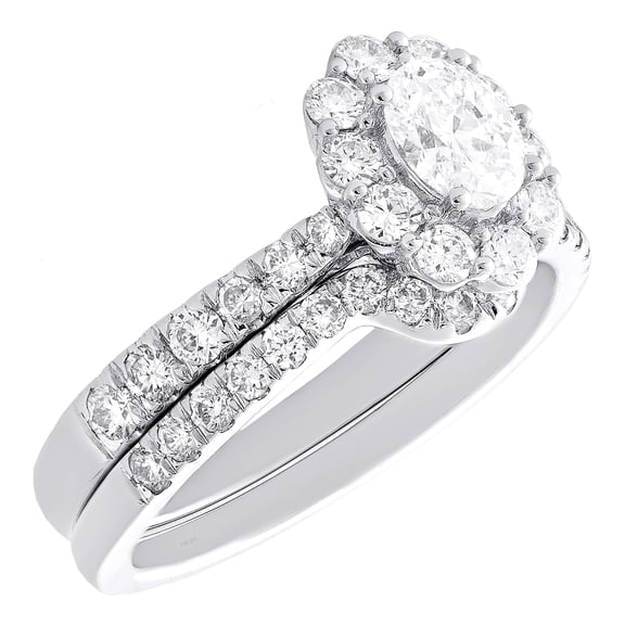14K White Gold Lab Created Oval Diamond Flower Halo Contoured Bridal Set 1.25 CT