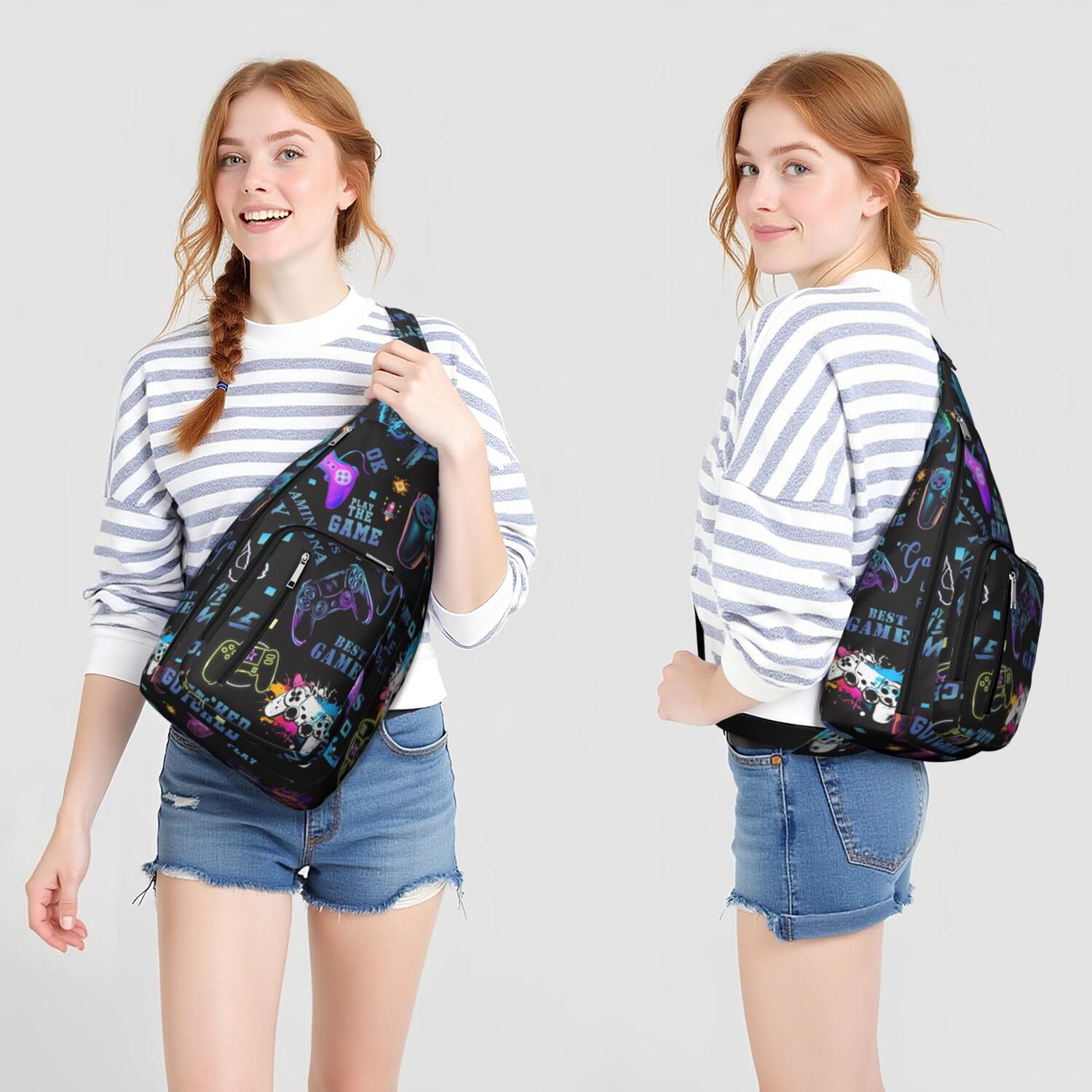 Gaming Controller Print Sling Bag&nbsp;- Cool Retro Joystick Pattern Crossbody Backpack for Gamers, Water-Resistant Shoulder Pack (Colorful Graffiti Design, Lightweight & Durable)