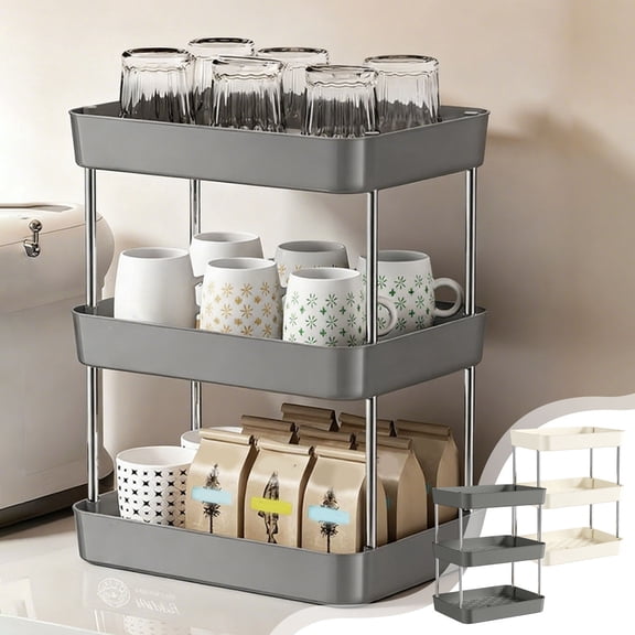 Three-Tier Cup Storage Rack, Tabletop Cup Organizer, Plastic Cup Display Shelf with Drain Tray, Gray Kitchen Organizer,Vsgery