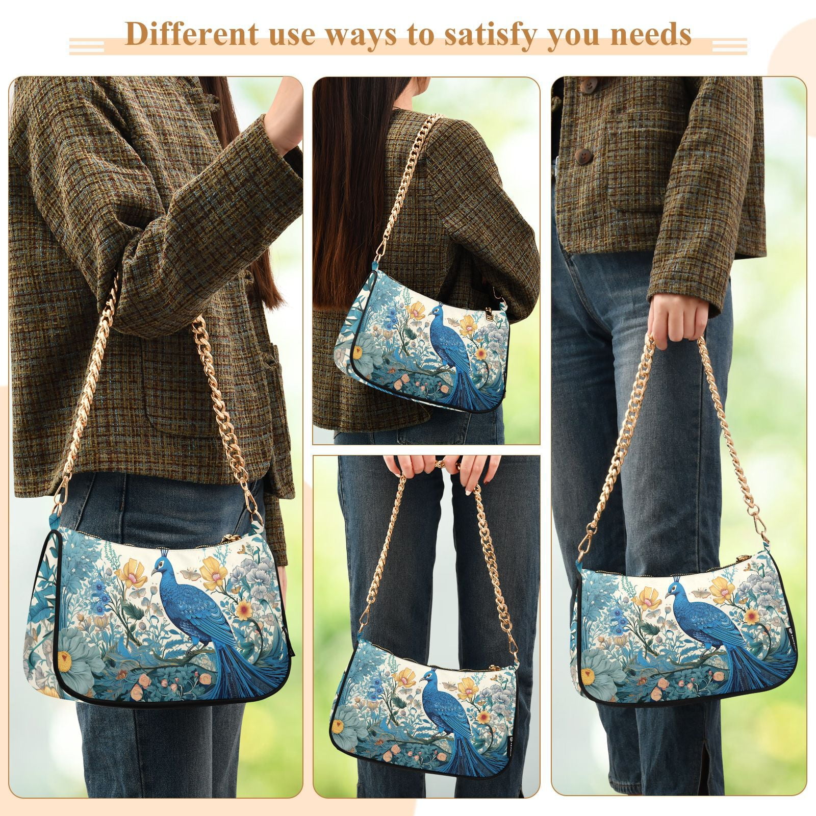 Peacock Floral Flowers LeavesWomen Small Shoulder Bag Crossbody Tote Hobo Bags Purse Clutch Handbags with Chain Strap for Women