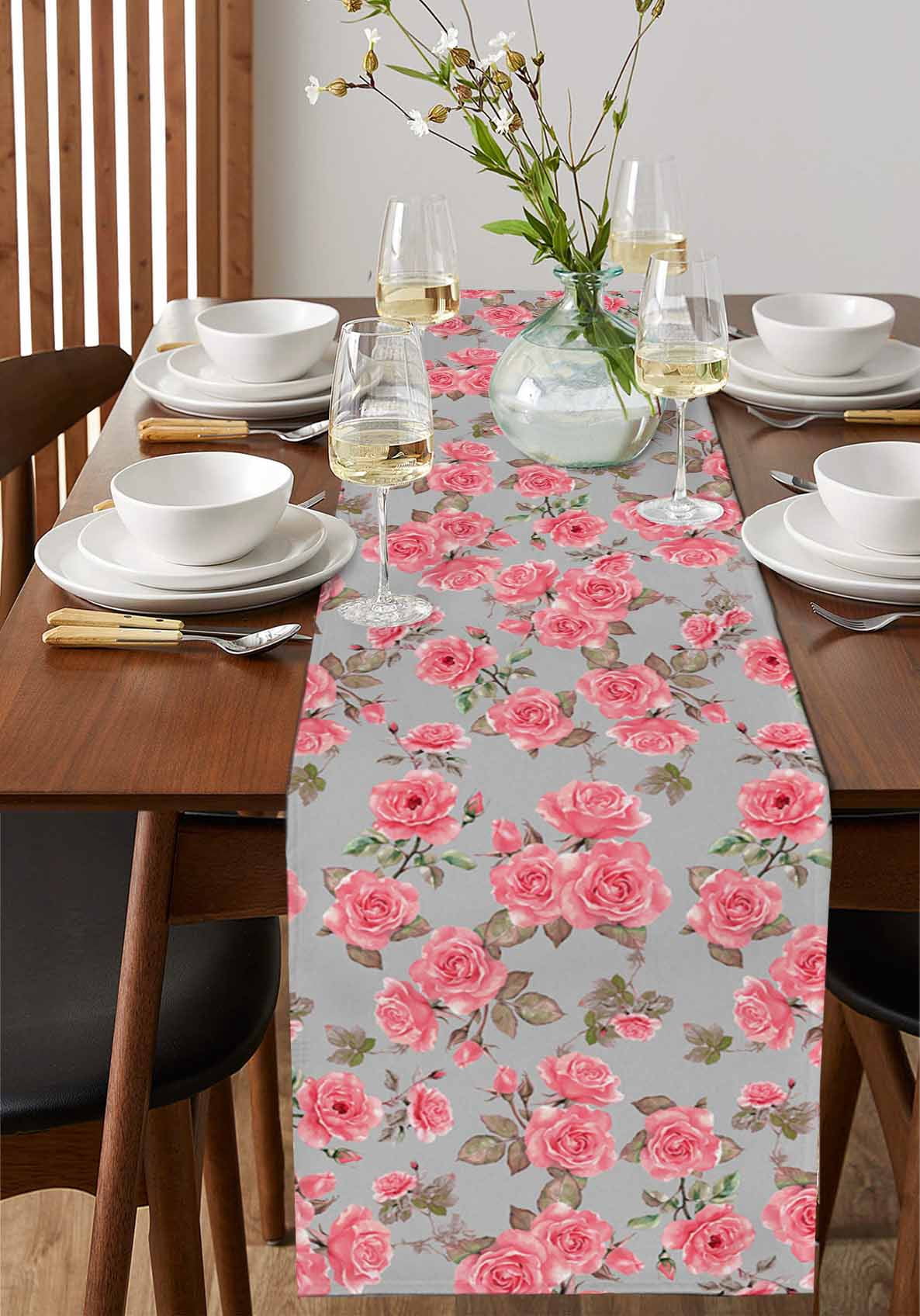 Red Floral Table Runner Cotton Linen 60 Inch Holiday Dresser Scarves, Farmhouse Garden Flowers Botanical Tablerunner for Kitchen Coffee Dining Bedroom Home Living Room Dinner Scarf Décor 13''x60''