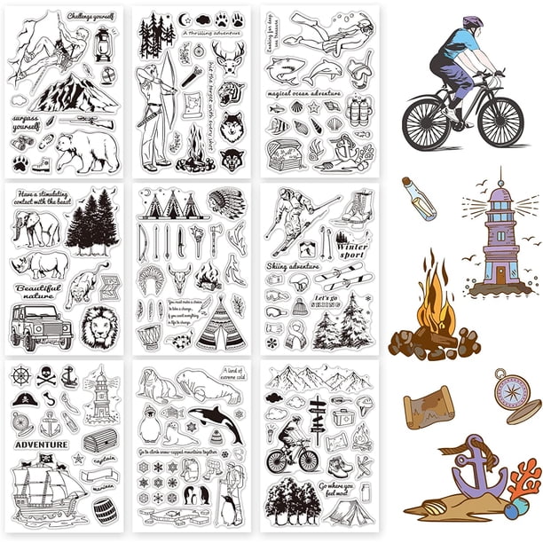 9 hojas de sellos transparentes de silicona para aventuras al aire libre con formas de montaña, humanos, animales, tiendas de campaña, herramientas, faros y veleros.