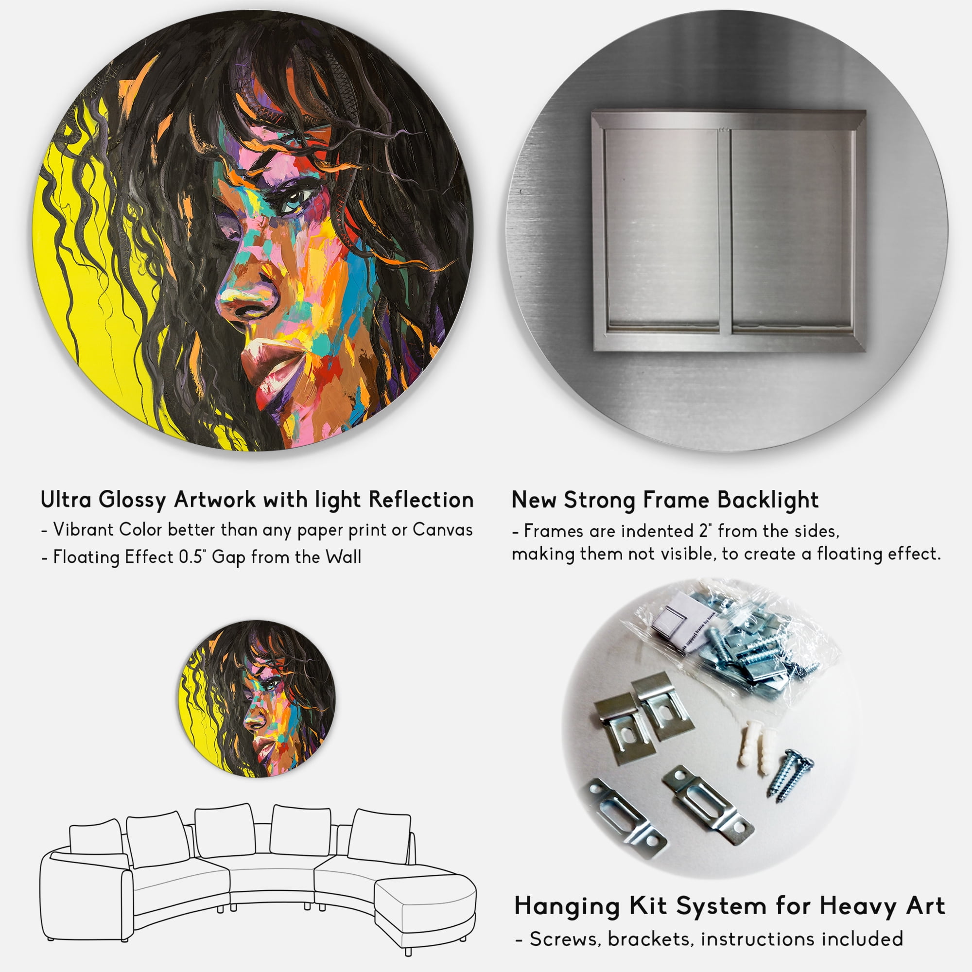Designart 'Abstract Colorful Fantasy Portrait Of A Young Woman I' Modern Circle Metal Wall Art 11x11 - Disc of 11