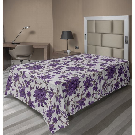 Floral Flat Sheet, Romantically Arranged Motifs Intricate Flowers Illustration Pattern, Soft Comfortable Top Sheet Decorative Bedding 1 Piece, 6 Sizes, Pale Taupe Quartz, by Ambesonne