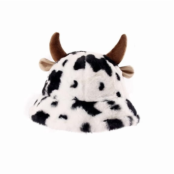 SLYNSHome Cow Print Bucket Hat Black Cute Plush Bucket Hat Winter Fisherman Hat for Men and Women