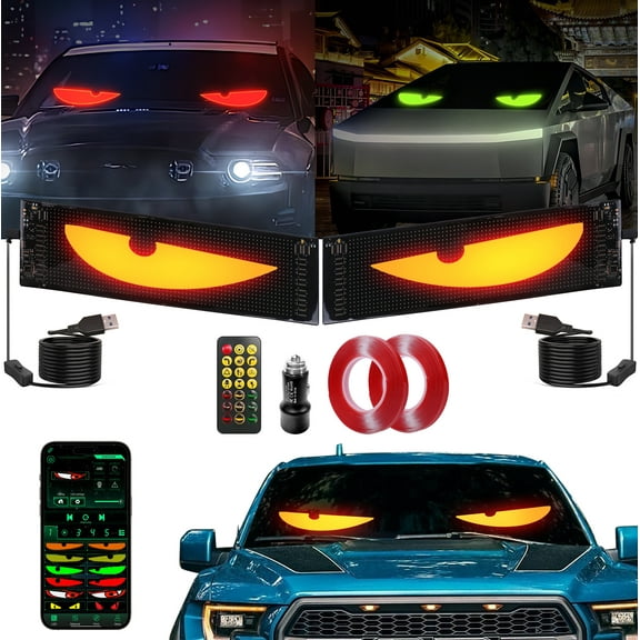 2PC Devil Eyes LED Light Strips for Cars/Trucks/SUVs - 19.3"x4.3" Customizable Windshield Decoration with App Control, IP68 Waterproof, USB-Powered