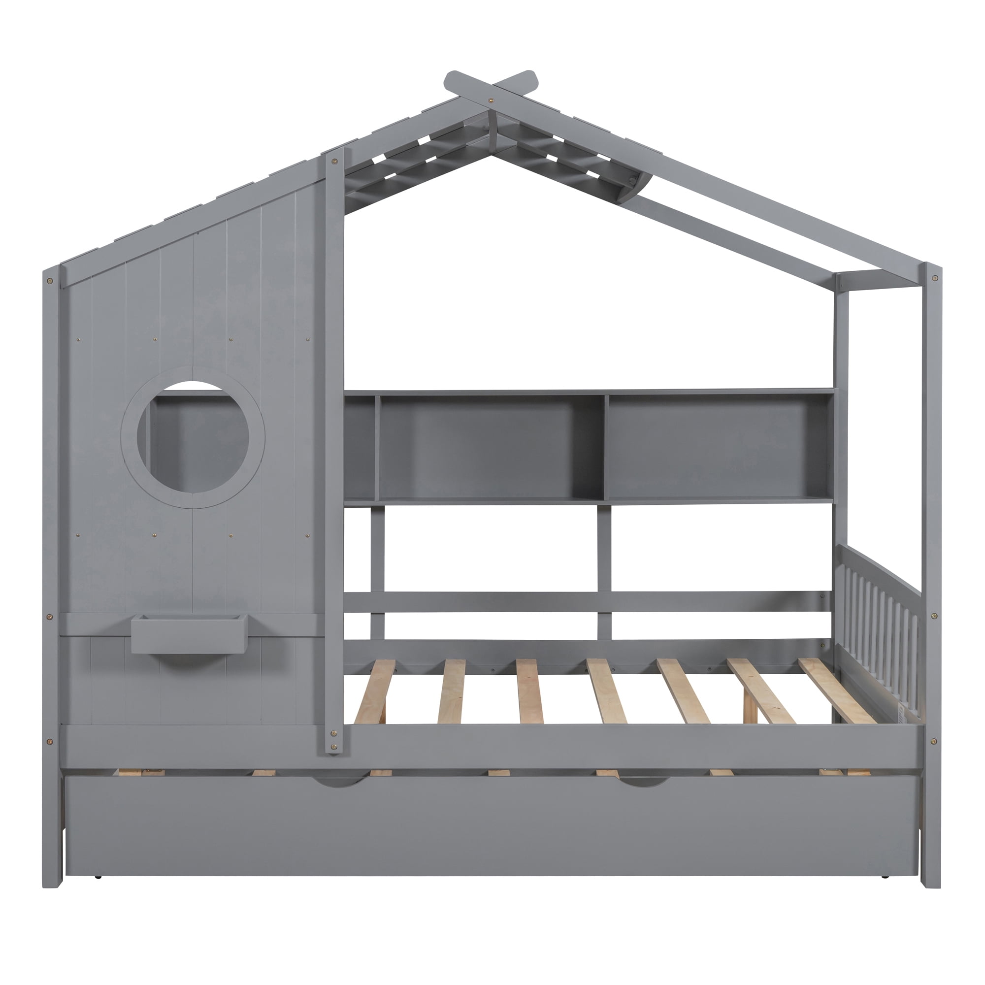 Harper & Bright Designs Wooden Full Size House Bed Frame with Trundle and Storage Shelves, House-Shaped Beds with Roof and Window Design for Girls Boys Bedroom, Gray