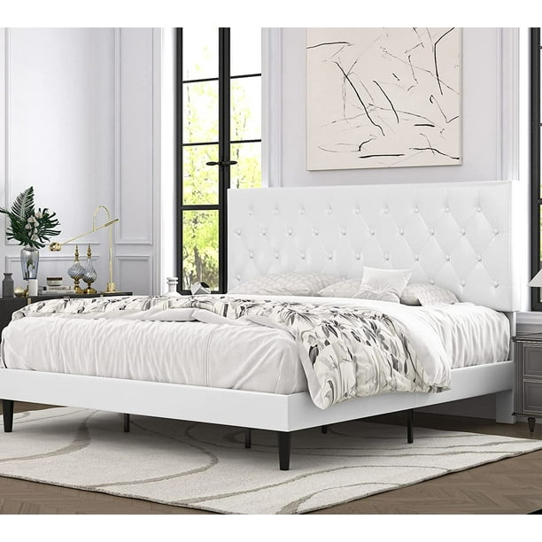 Allewie King Faux Leather Upholstered Platform Bed Frame With Adjustable Diamond Stitched On Tufted Headboard White Com Allewie King Faux Leather Upholstered, King Platform Bed Upholstered Headboard