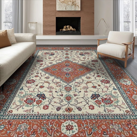 ODIKA 8'x10' Washable Area Rug Boho Large Vintage Oushak Border Cream Farmhouse Bohemian Medium for Dining Room, Office, Lounge, Non-Slip Chair-Friendly Mat