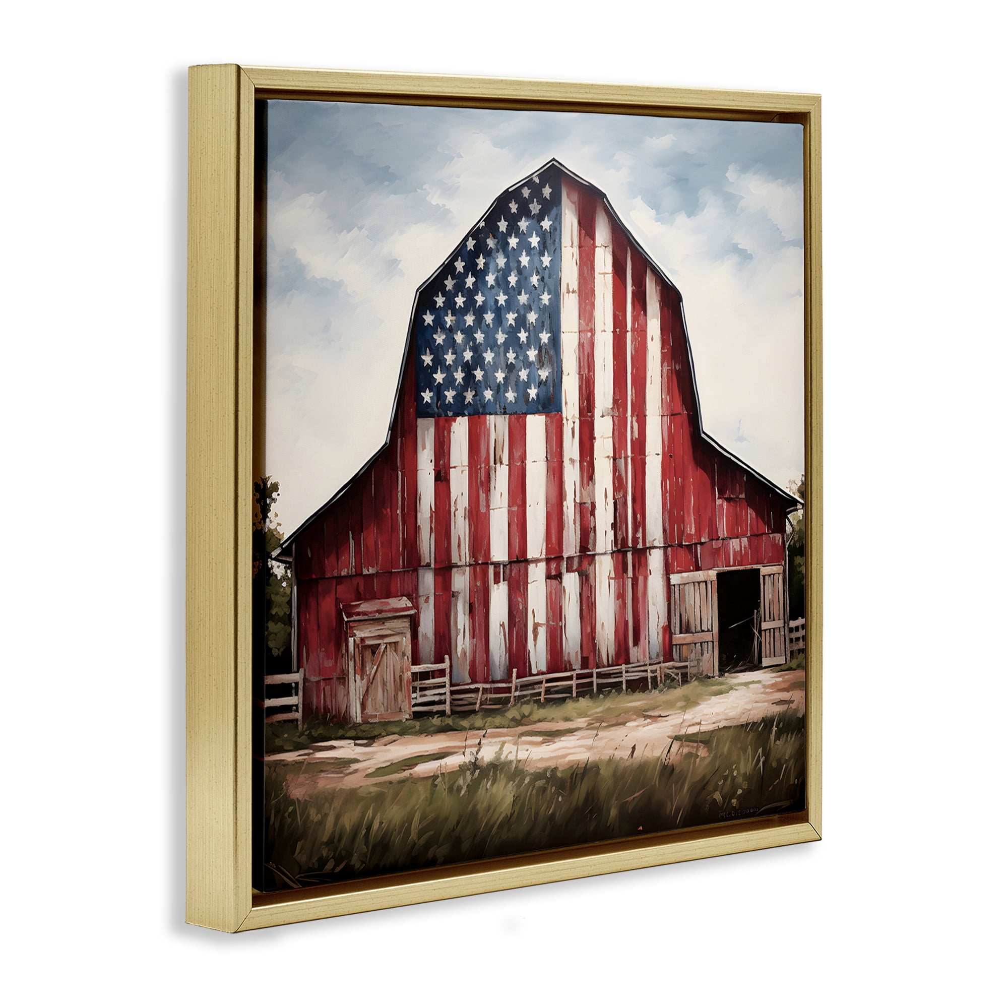 Stupell Industries Americana Barn View Landscape Painting Gold Floater Framed Canvas Art Print Wall Art, 25 x 25