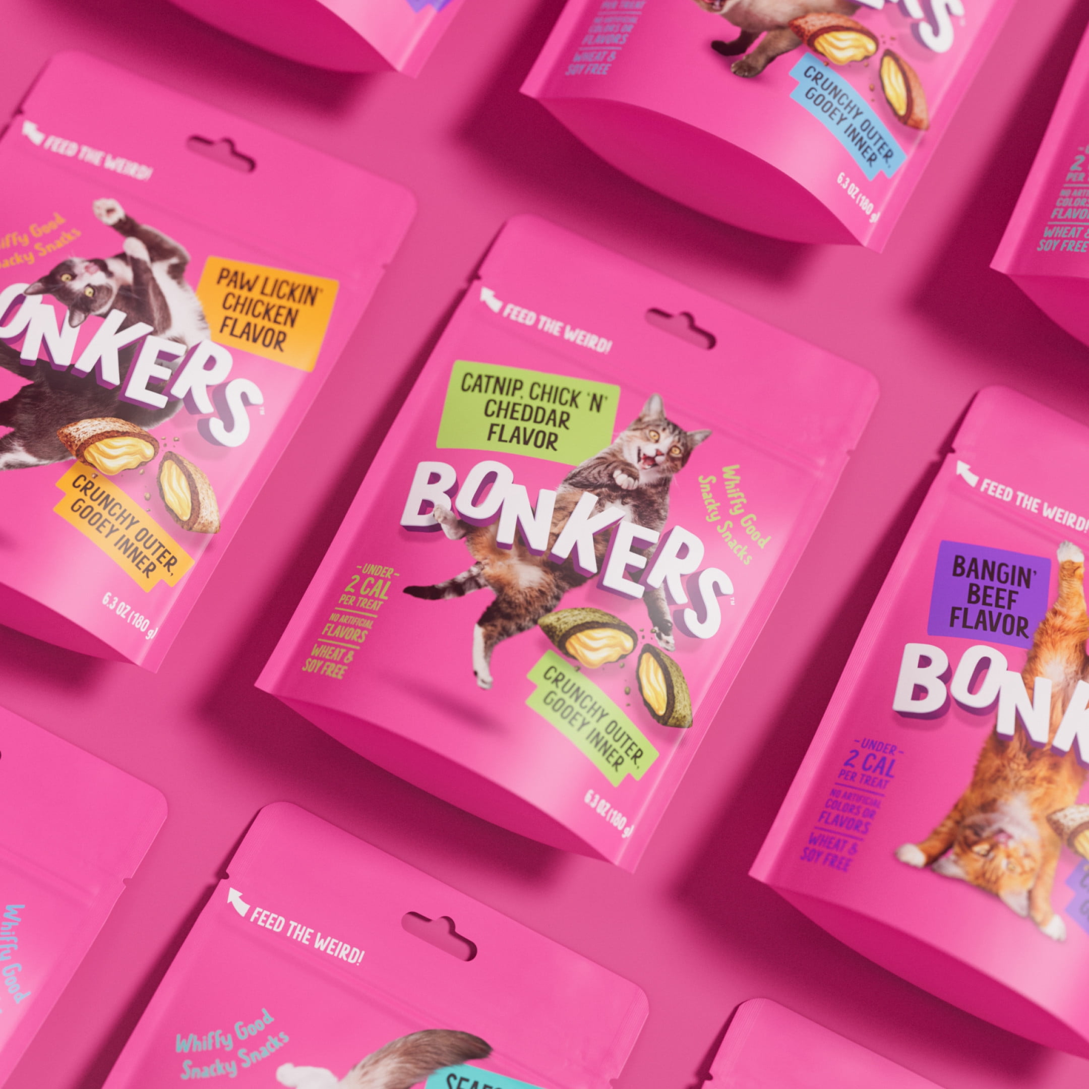 (6 pack) BONKERS Bites Catnip & Chick 'N' Cheddar Flavor Crunchy & Soft Treats for Cats, 30oz Tub