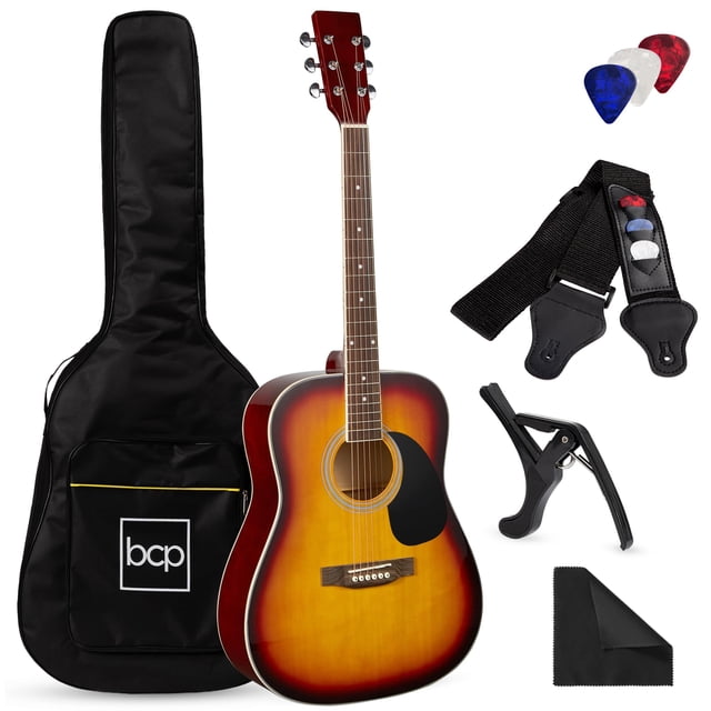Best Choice Products Juego básico de guitarra acústica para principiantes de tamaño completo de 41 pulgadas con estuche, correa, cejilla, cuerdas y púas - Sunburst