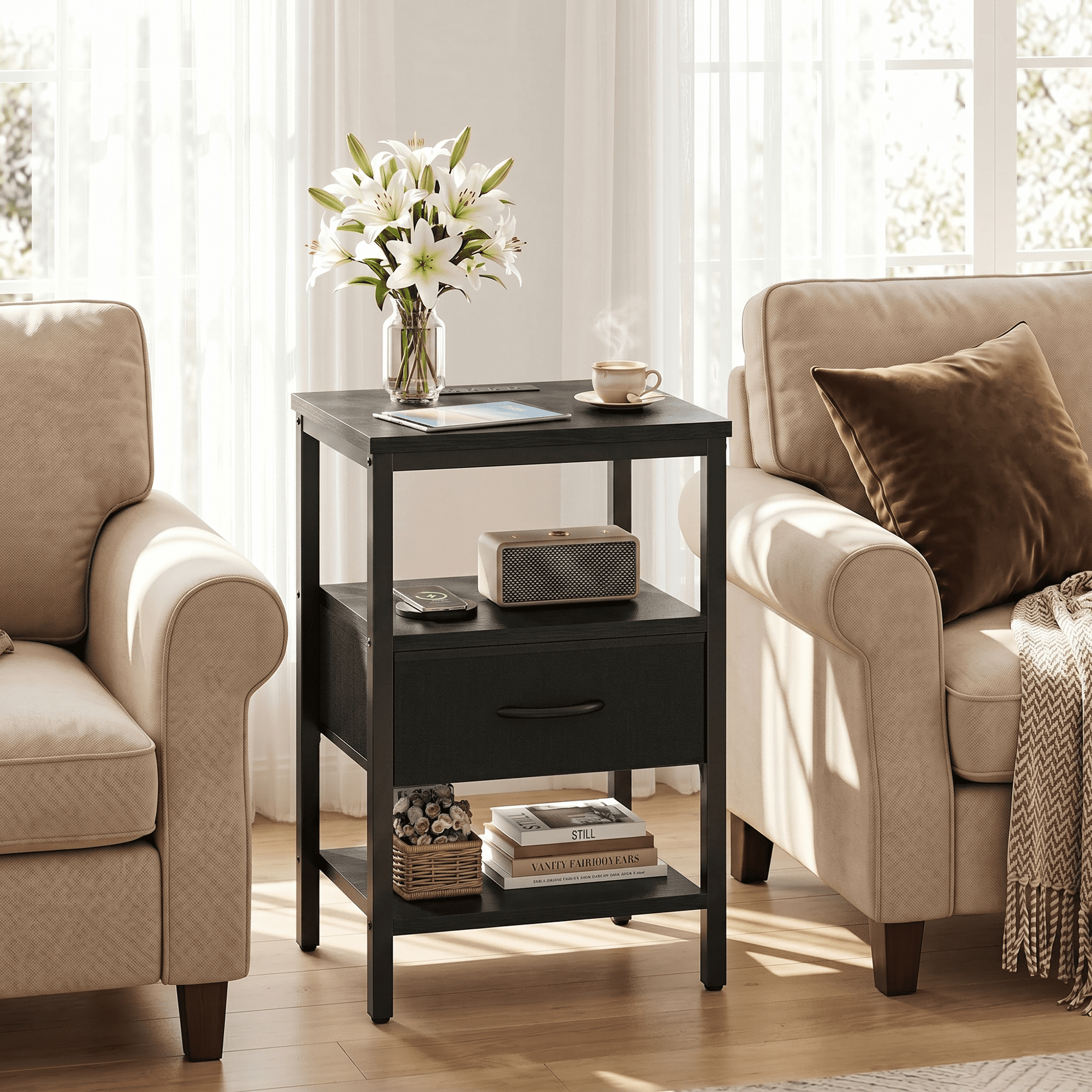 LIFERECORD Night Stand with Fabric Drawer, Nightstand with Charging Station, End Tables with Storage Shelf for Small Spaces, Bedside Table Side Tables for Bedroom, Black