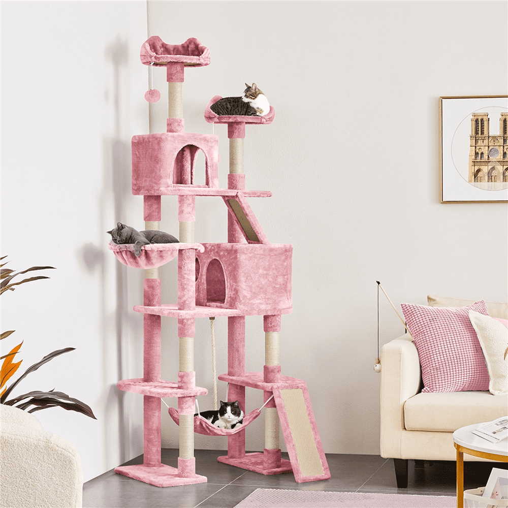 Alden Design 82.5" H Multi Level Cat Tree with 2 Cozy Condos and Basket, Pink