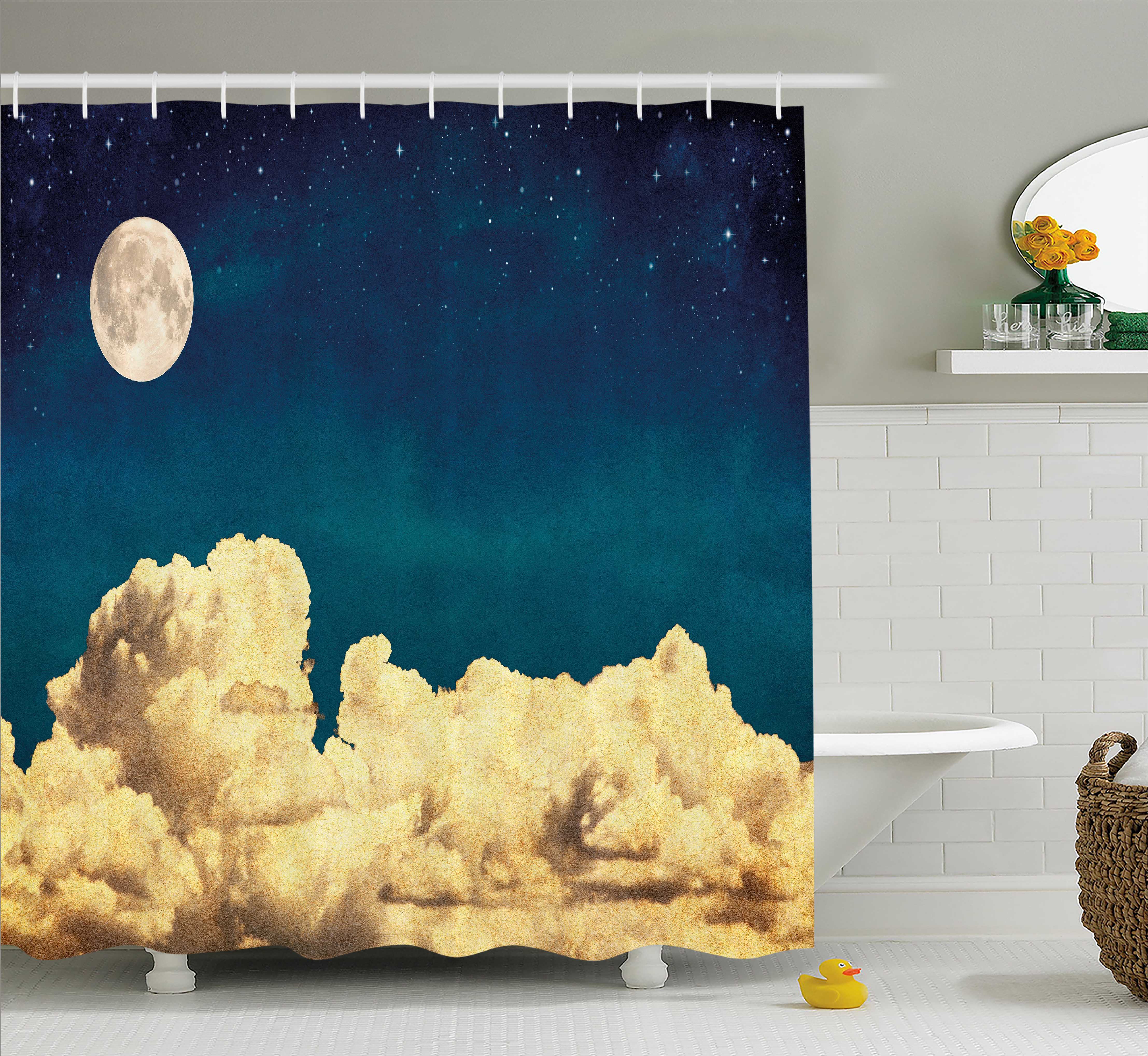Night Sky Shower Curtain, Fantasy Sky Stars Full Moon and Fluffy Clouds