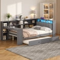 thumbnail image 3 of Harper & Bright Designs Full Size Daybed with Trundle, Desk and LED, Wood Captains Bed with Upholstered Headboard, Charging Station and Bookcase Shelves, Grey, 3 of 11