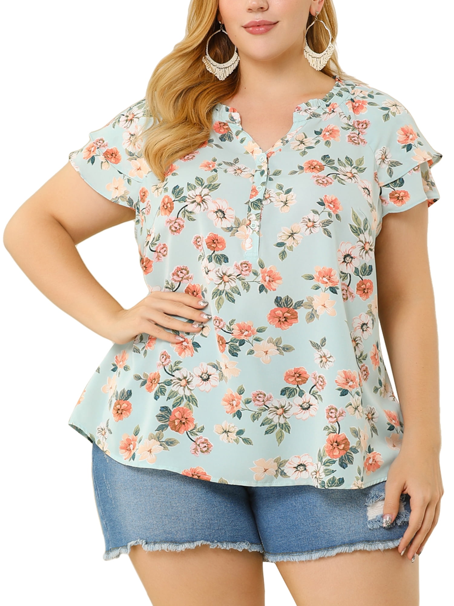 Agnes Orinda Women's Plus Size Summer Retro Floral Short Sleeve V Neck Blouse