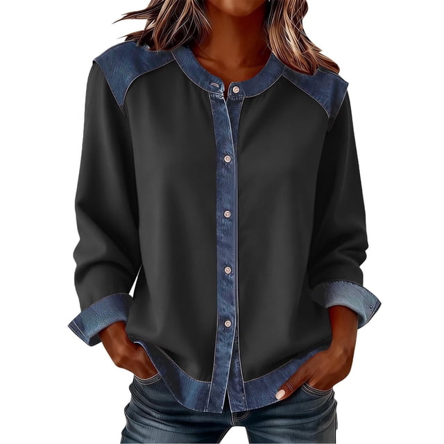 Women's Cardigan, Button Up Denim Patchwork Jacket, Long Sleeve Casual Shacket, Solid Color Loose Fit Top for Daily Wear, Layered Spring and Winter Outfits