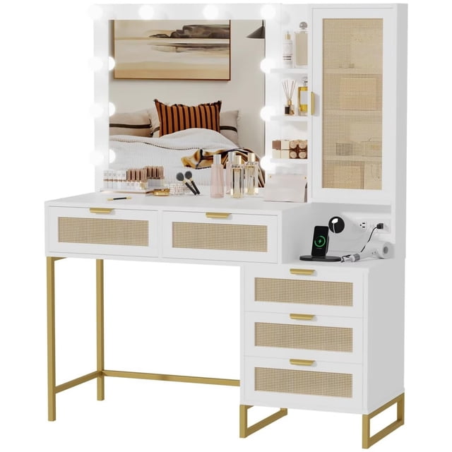 Ourlova Vanity Mirror with Lights and Table and Power Outlet Makeup Vanity Table with 12 Bulbs 5 Drawer and Cabinet 3 Ligthing Color Vanity Desk with Mirror and Lights-Rattan