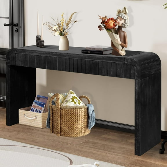HIUU Black Entryway Table,Fluted Console Table with Storage,Curved Console Tables for Living Room,Wood Entry Way Tables