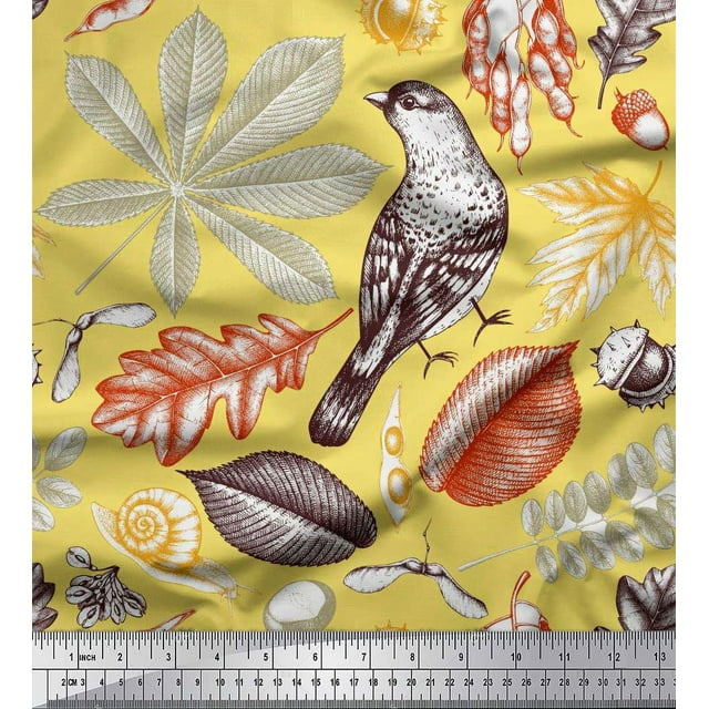 Soimoi Modal Satin Fabric Bird & Leaves Print Sewing Fabric Yard 42 Inch Wide