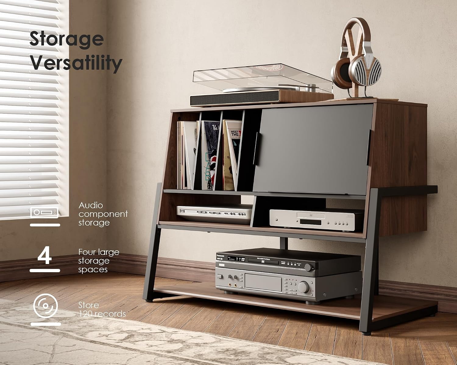 FITUEYES Eiffel Record Player Stand with Vinyl Record Storage, Holds 120 Records, Walnut