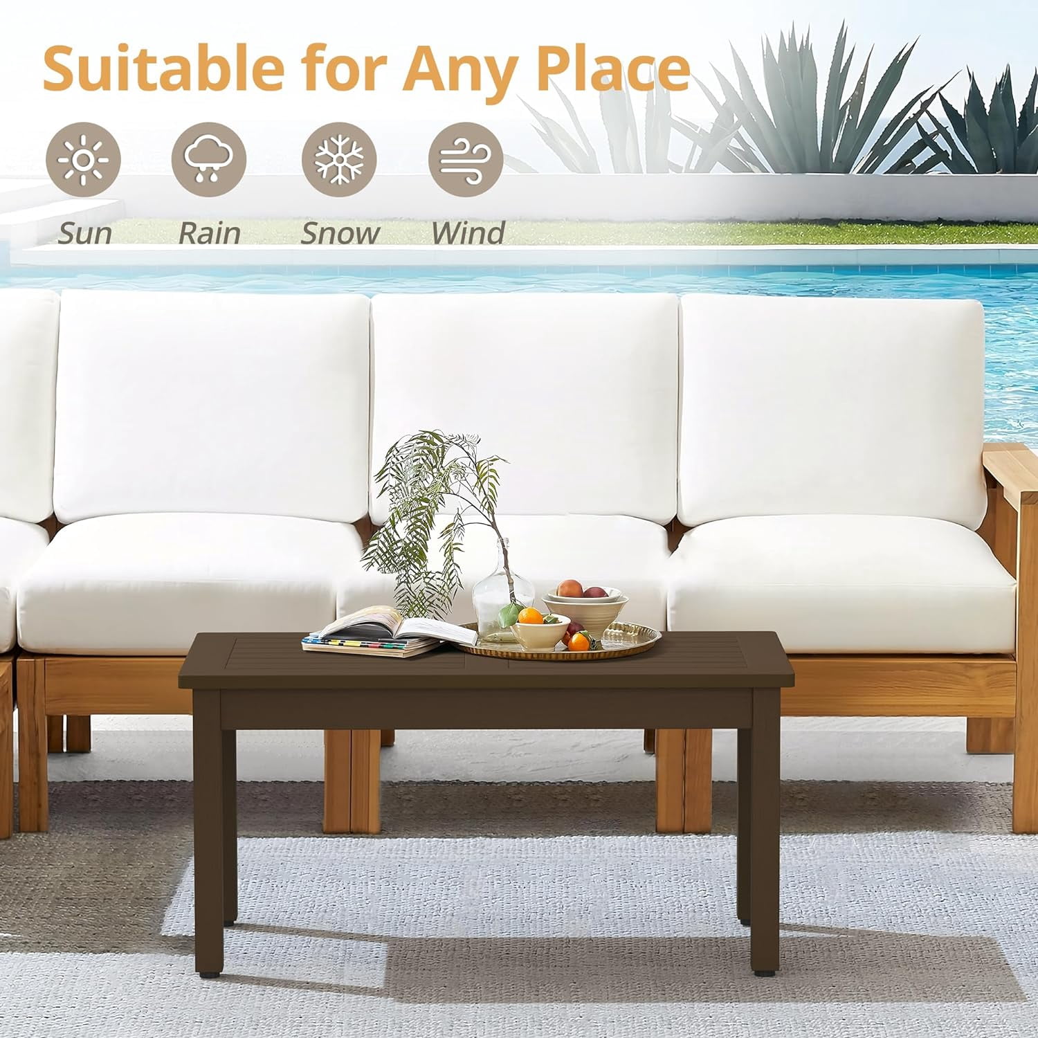 Dycanpo Outdoor Coffee Table Rectangle, HDPS Patio Tables for Outside, 17.7"x 35"x17.7", Dark Brown