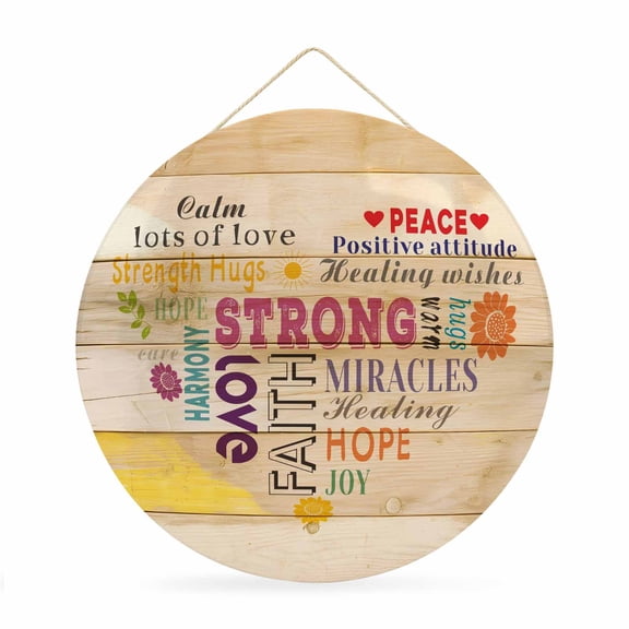 Welcome Sign for Front Door,Love Peace Text Round Metal Welcome Front Porch Decoration,Farmhouse Inspirational Quotes Wooden Wall Hanging Sign for Living Room Kitchen Hallway Housewarming Gift 12''