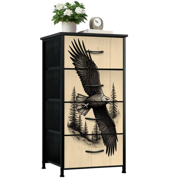 Rustic Dresser for Bedroom with 4 Storage Drawers Eagle Flight Pine Trees Mountain Landscape Black White Dressers Chest of Drawers Steel Framed Fabric Closet Organizers for Entryway Hunting Cabin