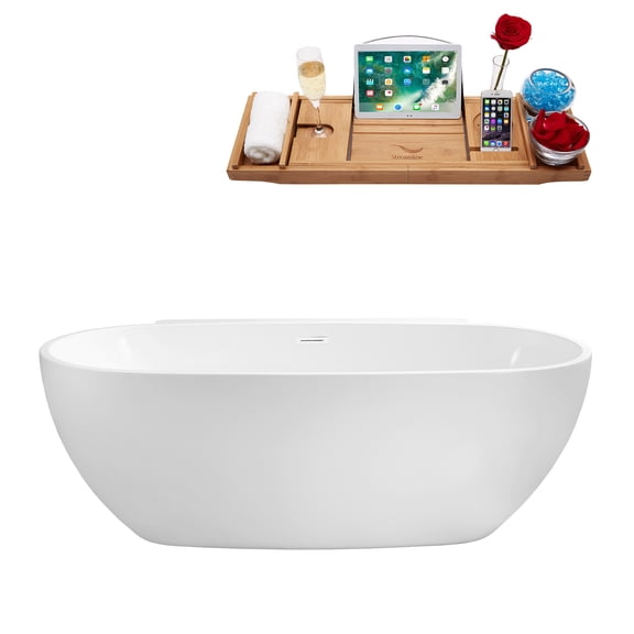 65" Streamline N302WH Soaking Freestanding Tub and Tray With Internal Drain in Glossy White