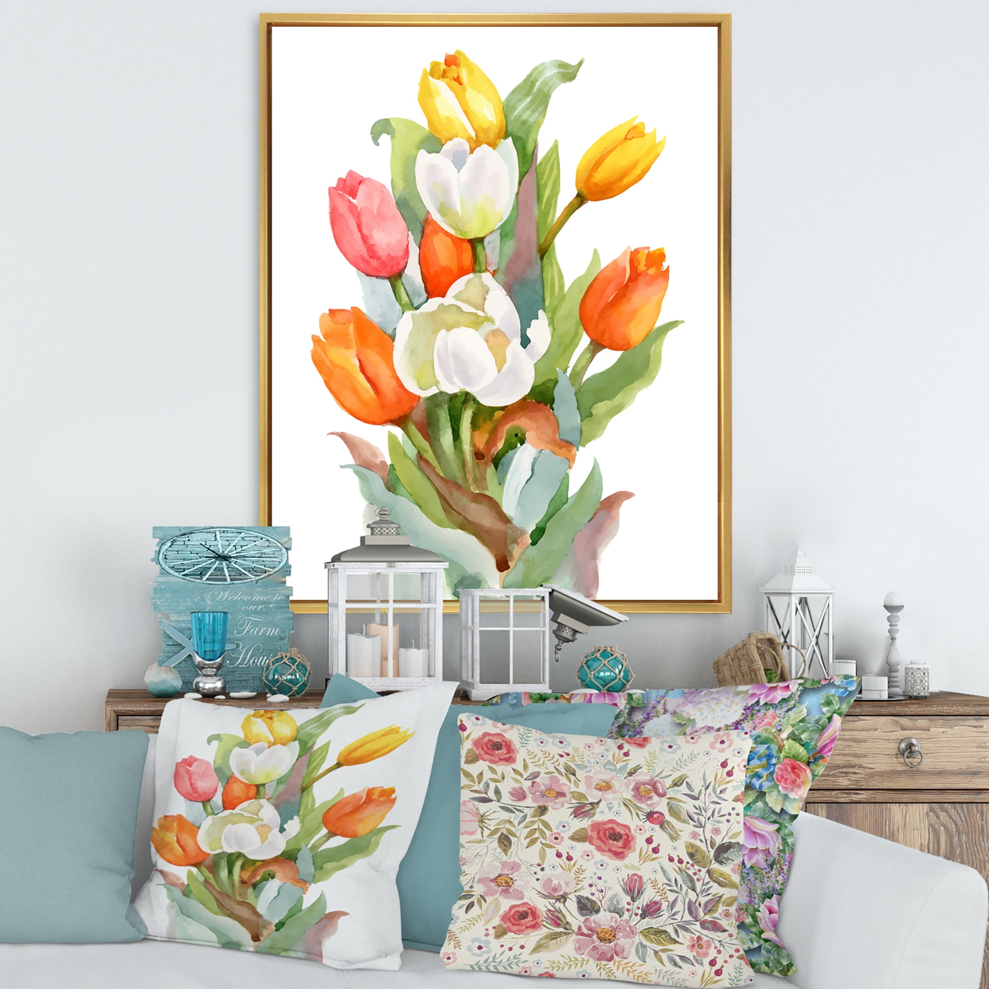 Designart 'Blooming Orange and White Tulips Flower' Traditional Framed Canvas Wall Art Print