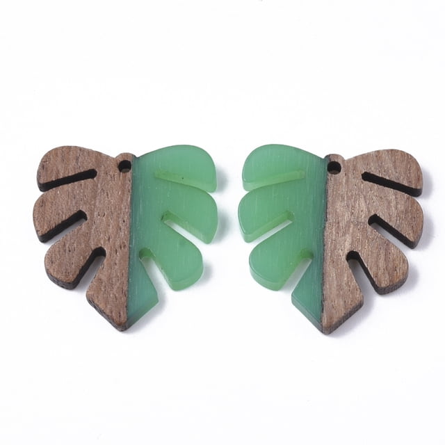 Resin & Wood Pendants Tropical Leaf Charms Monstera Leaf Pendant Green 30x28x3.5mm Hole: 2mm