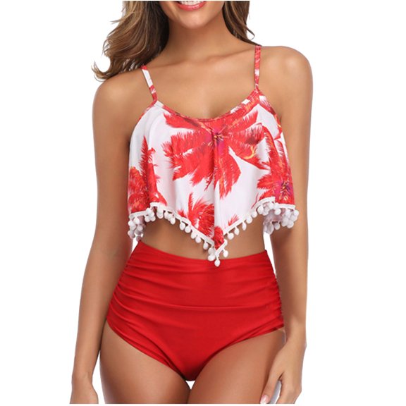 2 Piece Fringe Tankini Swimsuits Womens - Summer Beach High Waist Holiday Bathing Suits V Neck Flounce Crop Beachwear
