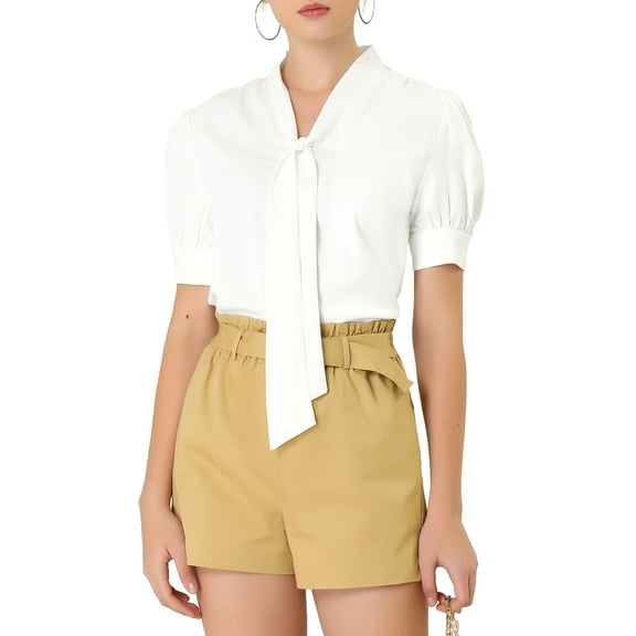 Allegra K Women's Work Office Short Sleeve V Neck Bow Tie Blouse Top