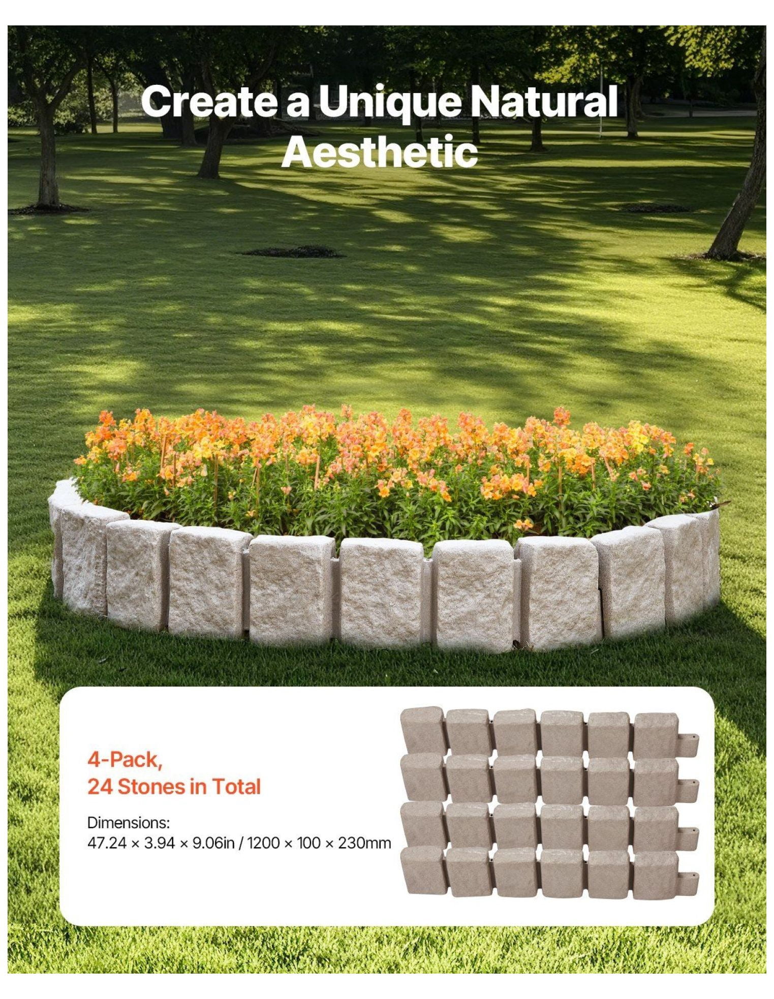 Faux Stone Landscape Edging, 47.2x9in Garden Border, Flexible Lawn Edging with Stakes, Realistic Brick Edging for Yard, Driveway, Walkway - Beige