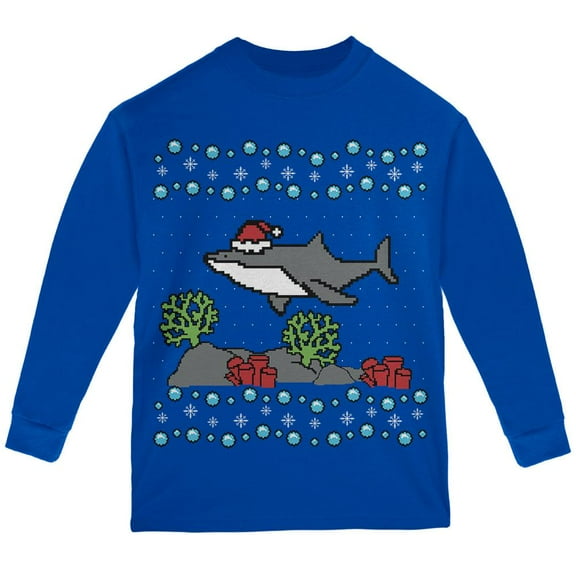 Old Glory Ugly Christmas Sweater Shark Santa Hat Youth Long Sleeve T Shirt