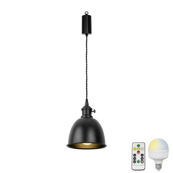KAYYELAMP Hanging Light Rechargeable Battery LED Remote Dimmable Black Shade and Base with Switch 3.2Ft Adjusted Cord Vintage Pendant Light for Home Kitchen Bedside